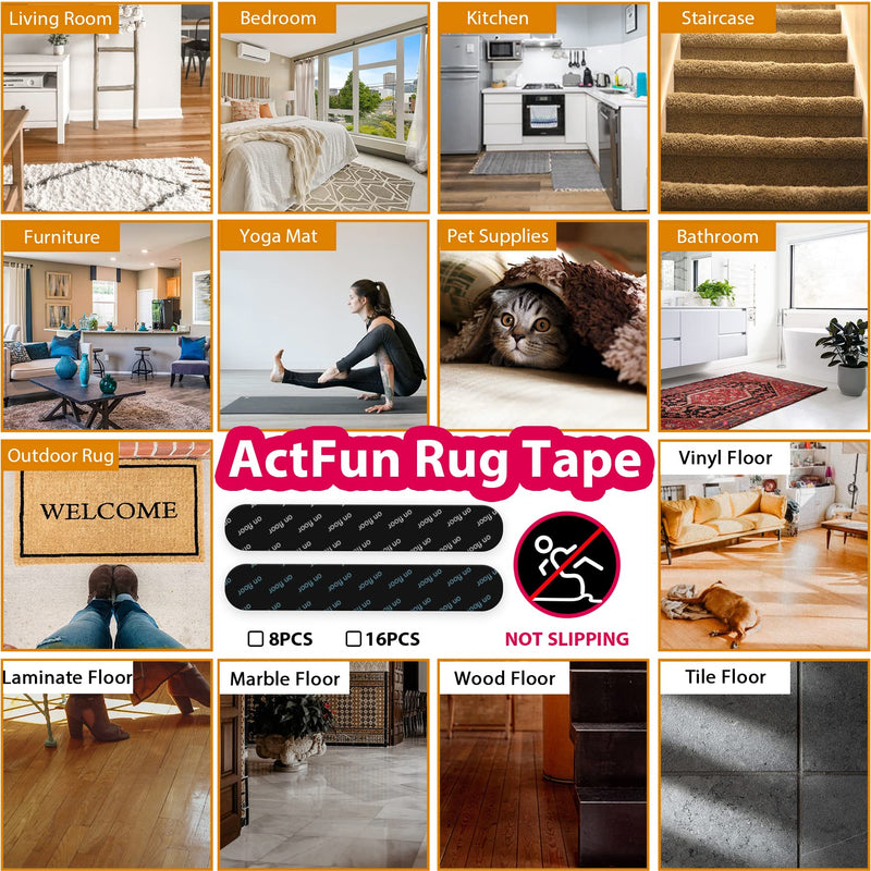  [AUSTRALIA] - ActFun Grippers for Rug, 8 Pcs Anti Slip Reusable Washable Double Sided Tapes with Non Curling Non Trace for Area Rugs, Floor Mat, Suitable for Hardwood Floors, Tile, Linoleum Floor 8PCS
