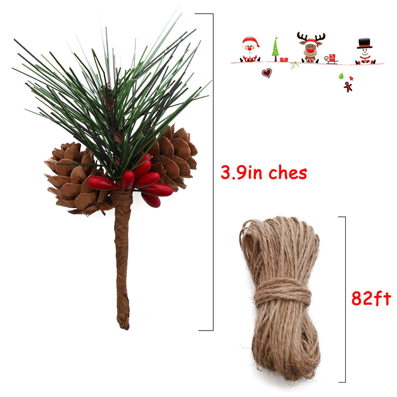  [AUSTRALIA] - Geefuun 24Pieces Christmas Artificial Pine Needle/Pick Decorations 1 Pack Jute Twine Rope - Xmas Party Gift Wrapping Decor Wreaths Arrangement Tree Ornaments Wedding Supplies