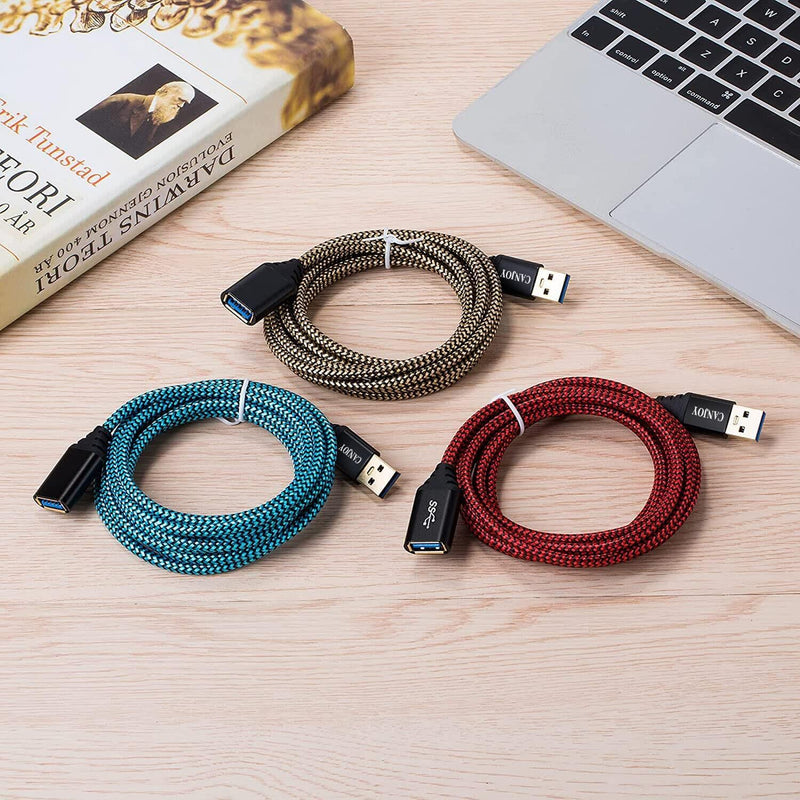  [AUSTRALIA] - USB Extension, Canjoy 3 Pack 6.6ft USB 3.0 Extension Cable Braided USB Extender Cord A Male to A Female Fast Data Transfer Compatible Oculus VR,PS4,Xbox,Mouse,Keyboard,Printer,Scanner-Red Gold Blue