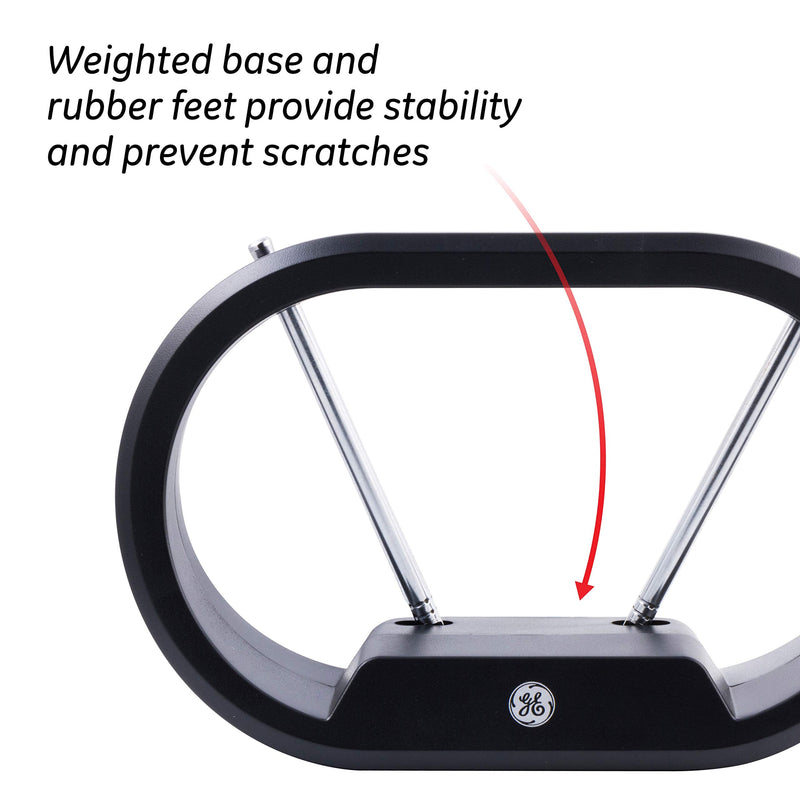  [AUSTRALIA] - GE Modern Loop Rabbit Ears Indoor TV Antenna, 15 inch Extendable Dipoles, 4K 1080P VHF UHF, Tabletop Antenna, Digital HDTV Antenna, Smart TV Compatible, 4ft Coaxial Cable, Black, 33675 Modern Loop Design