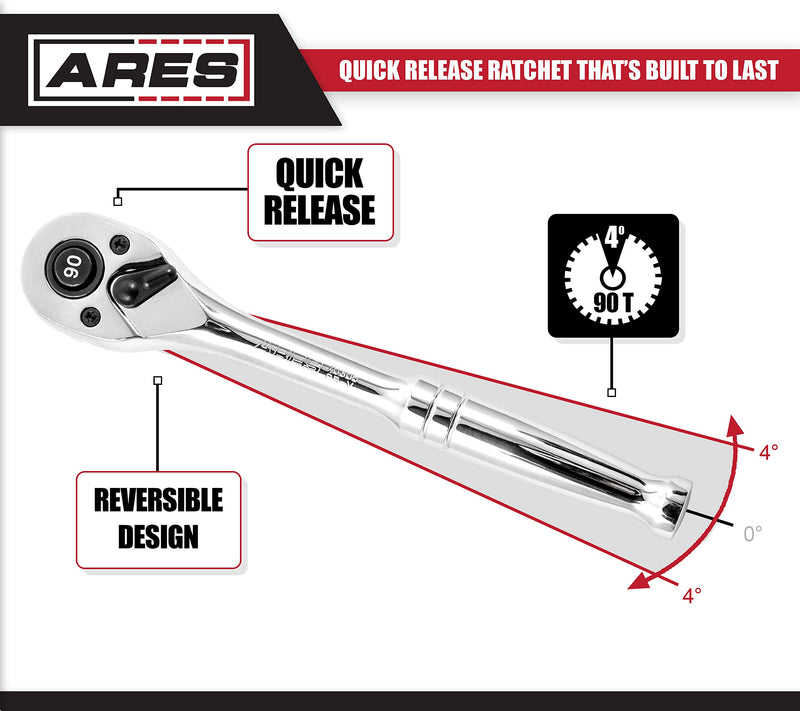  [AUSTRALIA] - ARES 70305-3/8-Inch Drive 90-Tooth Ratchet - Premium Chrome Vanadium Steel Construction & Mirror Polish Finish - Quick Release for Easy Socket Change - 90-Tooth Reversible Design with 4 Degree Swing 3/8-inch Drive 90 Tooth Ratchet