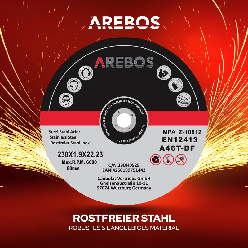  [AUSTRALIA] - Arebos cutting discs Ø 230 mm, 25 pieces | suitable for steel, stainless steel, stainless steel, iron, sheet metal, metal | Forward and reverse | EN 12413 | certified by the Materials Testing Office (MPA).