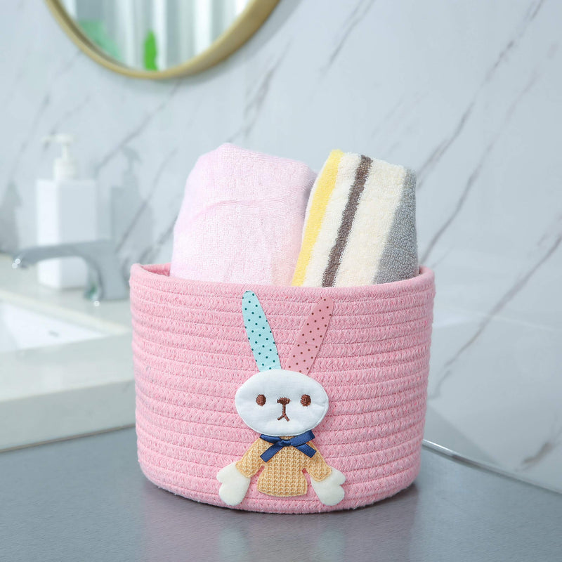 [AUSTRALIA] - Enzk&Unity Small Cotton Rope Storage Basket Storage Cute Rabbit Decorative Woven Baskets for Shelves, Toys, Bathroom, Bedroom, 8" x 8" x 6", Pink
