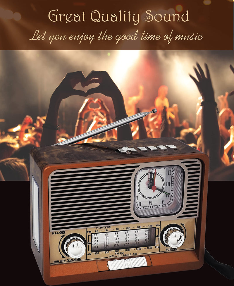  [AUSTRALIA] - Videyas AM FM Vintage Radio, Portable Retro Shortwave Rechargeable Radio with Bluetooth Speaker, Support TF USB AUX Function, Clock, Flashlight, Telescopic Antenna for Home Outdoor