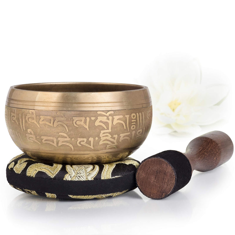 Tibetan Singing Bowl Set ~ Easy to Play with New Dual-End Striker & Cushion ~ Creates Beautiful Sound for Holistic Healing, Meditation & Relaxation ~ Peace Pattern ~ Gold Bowl with Black Pillow - LeoForward Australia