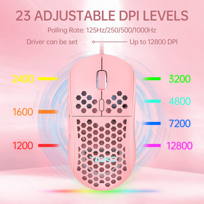  [AUSTRALIA] - DIERYA Gaming Mouse, 12800DPI Optical Sensor, 6 Programmable Buttons, Customizable RGB Pink Honeycomb Mouse, Drag-Free Paracord Wired Mouse, Ergonomic Design Computer Mouse for Windows PC Gamers