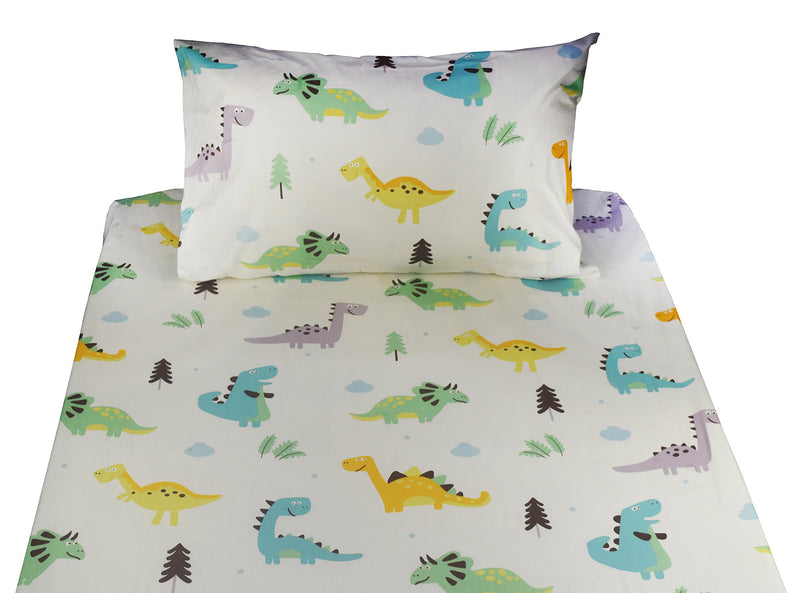  [AUSTRALIA] - J-pinno Cute Cartoon Blue Dinosaur Printed Twin Sheet Set for Kids Boy Children,100% Cotton, Flat Sheet + Fitted Sheet + Pillowcase Bedding Set