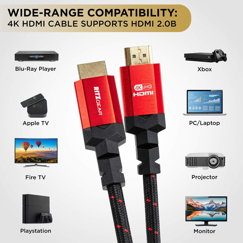 Ritz Gear 4K HDMI Cable 12 ft [2 Pack] Braided Nylon Cord & Gold Connectors, High Speed HDMI 2.0 with Ethernet, Compatible with PS5, PS4, PS3, Xbox, Roku, Apple TV, HDTV, Blu-ray, Laptop, PC, Monitor 12 Feet Black/Red Braided - LeoForward Australia