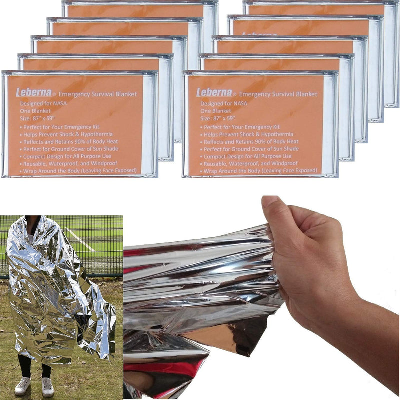  [AUSTRALIA] - Leberna Emergency Blanket Survival Gear | Foil Mylar Thermal Blankets 63" x 87" inches (Pack of 10) | Big Double Sided Escape Tact Bivvy, | for NASA, Outdoors, Hiking, Space, Marathons First Aid Kit