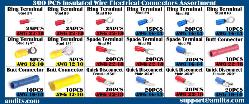  [AUSTRALIA] - Amlits 300 PCS Insulated Wire Electrical Connectors - Butt, Ring, Spade, Quick Disconnect - Crimp Terminals Connectors Assortment Kit PVC Crimp Connectors 300 PCS