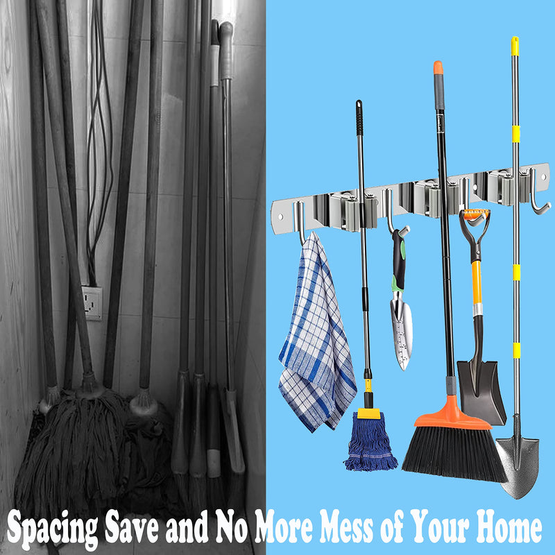  [AUSTRALIA] - 2 Pack Broom Holder Wall Mount, Stainless Steel Tool Organizer, Mop Broom Storage, Utility Racks with Self Adhesive and Screw for Home, Garden, Garage, Laundry Room (3 Racks 4 Hooks)