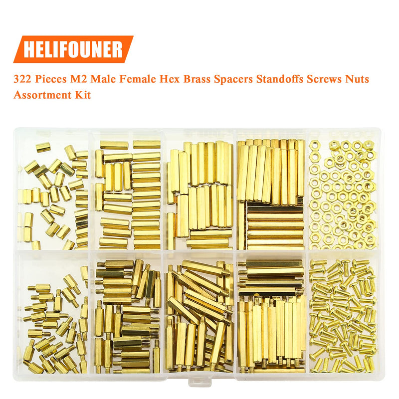  [AUSTRALIA] - HELIFOUNER 322 Pieces M2 Male Female Hex Brass Spacers Standoffs Screws Nuts Assortment Kit, Threaded Pillar for Printed Circuit Board Motherboard M2 Brass Standoff Set