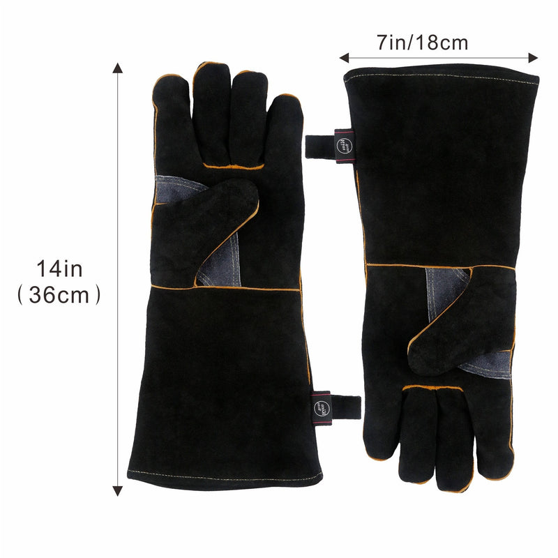  [AUSTRALIA] - KIM YUAN Extreme Heat & Fire Resistant Gloves Leather with Kevlar Stitching,Mitts Perfect for Fireplace, Stove, Oven, Grill, Welding, BBQ, Mig, Pot Holder, Animal Handling 14black
