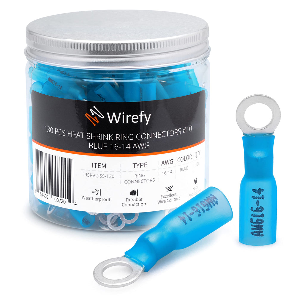  [AUSTRALIA] - Wirefy 130 PCS Heat Shrink Ring Terminals #10 - Marine Grade Ring Connectors - Eyelet Wire Connectors - Blue 16-14 AWG Ring #10 Blue 16-14 Gauge