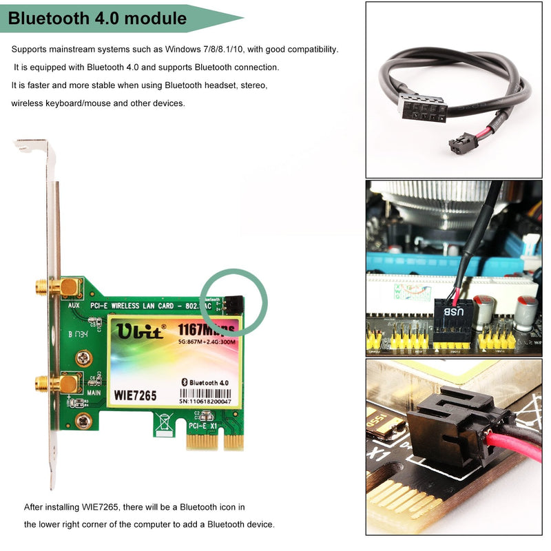  [AUSTRALIA] - Ubit Wireless Network WiFi Card, Dual Band Wireless-AC 7265, AC1200Mbps BT 4.0 Card, 6dBi Antenna Wireless Dual Band (5G/2.4G) Gigabit Network Adapter Wireless Card for Desktop PC