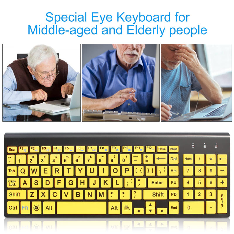  [AUSTRALIA] - Wireless Large Print Keyboard and Mouse Combo Set with USB Receiver for Visually Impaired Low Vision Individuals-Yellow
