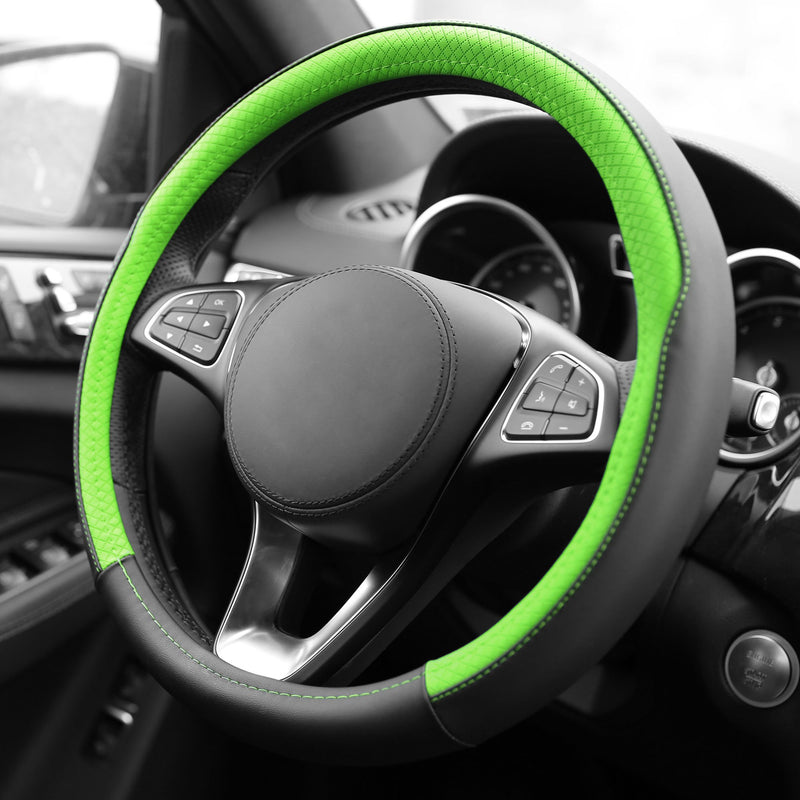  [AUSTRALIA] - FH Group FH2009 Geometric Chic Genuine Leather Steering Wheel Cover (Green) – Universal Fit for Cars Trucks & SUVs