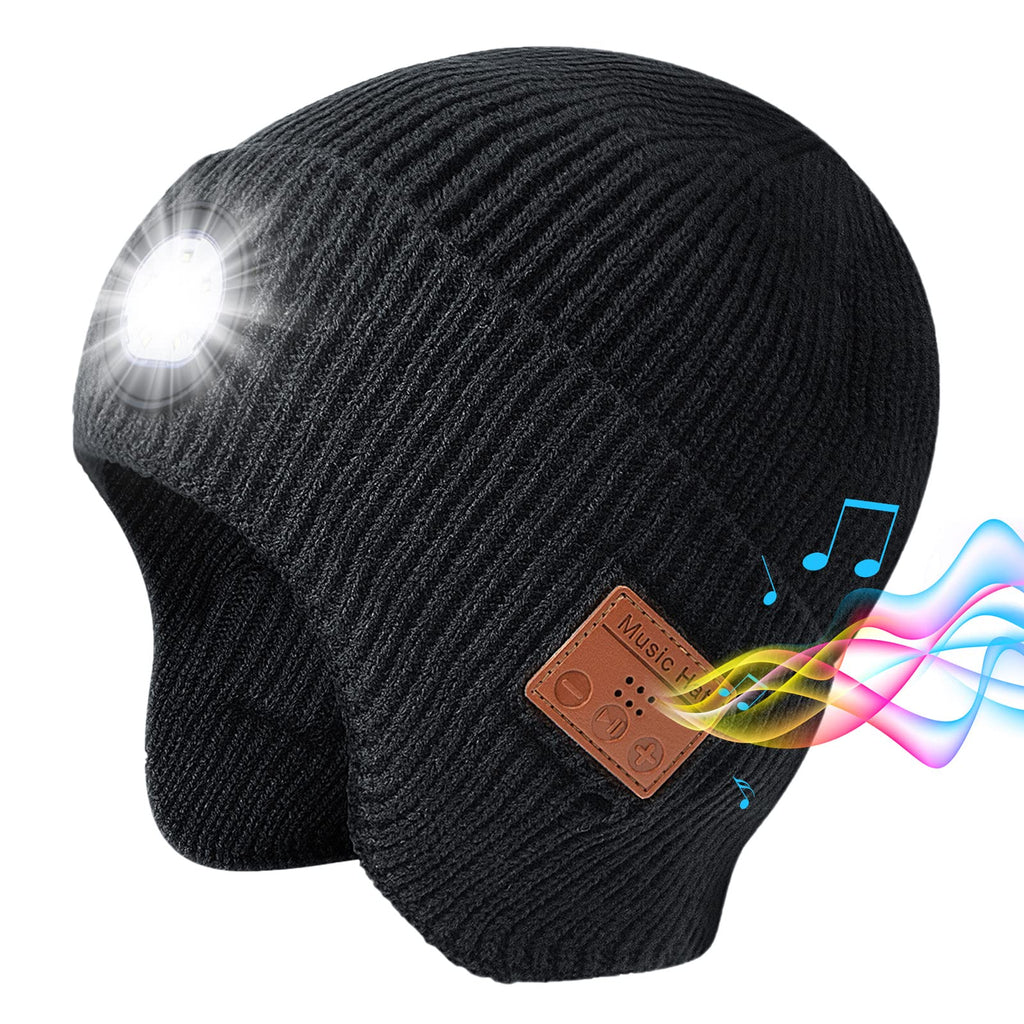  [AUSTRALIA] - Bluetooth Beanie Hat with Light and Headphones, Built-in Microphone and Stereo Speakers Upgrade Music Knitted Hat, Unisex USB Rechargeable Headphones Music Hat (Black)