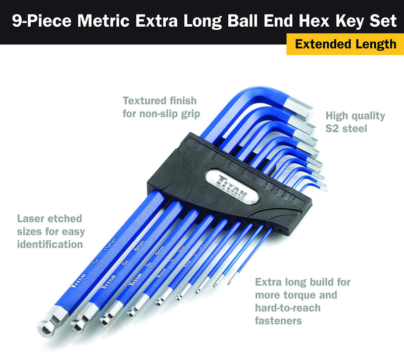  [AUSTRALIA] - Titan 12714 9-Piece Metric Extra Long Ball End Hex Key Set Metric Ball End