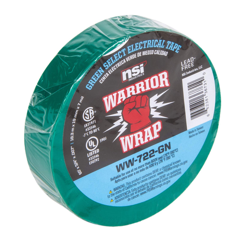  [AUSTRALIA] - NSi Industries WarriorWrap Select 3/4 in. x 60 ft. 7 mil Vinyl Electrical Tape, Green (WW-722-GN)