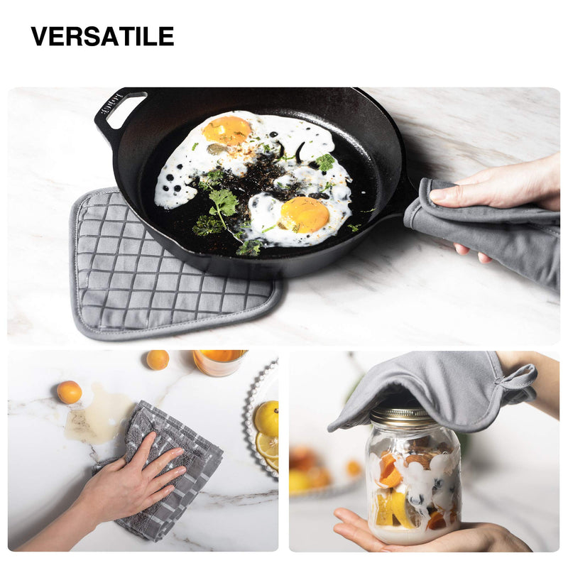 Koroda Oven Mitts and Pot Holders Sets: 550°F High Heat Resistant Oven Mitts with Kitchen Towels Thick Cotton Oven Gloves with Non-Slip Silicone for Cooking and Baking (6Pcs, Grey) Gray - LeoForward Australia