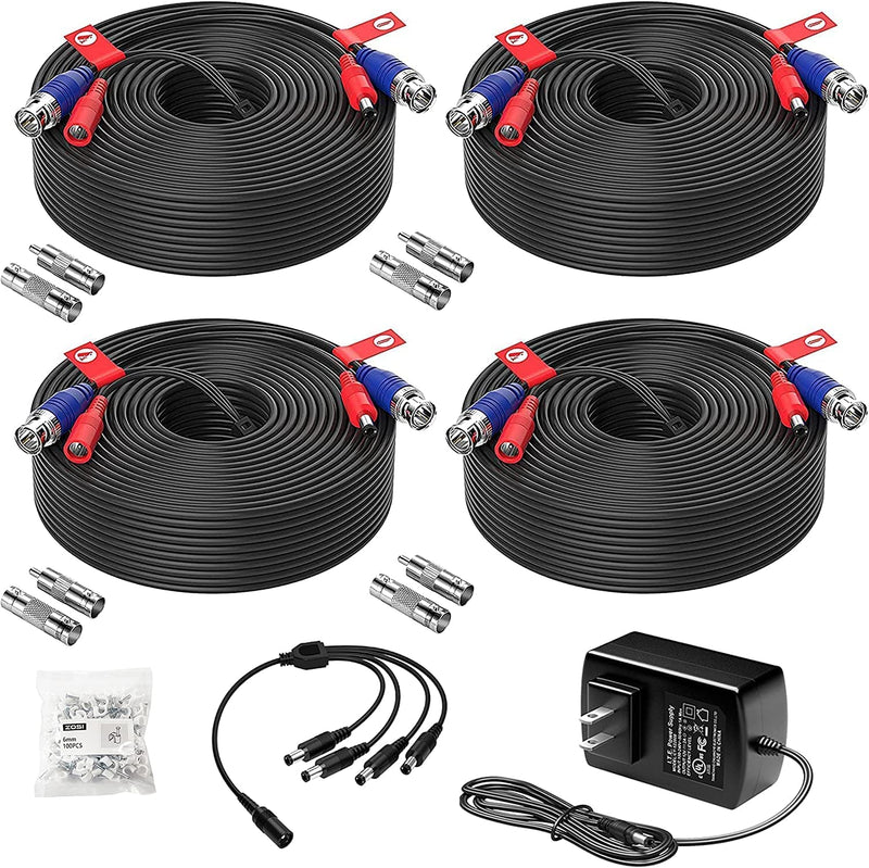  [AUSTRALIA] - ZOSI 12V 2A US AC to DC Power Supply Adapter, 4-Way Power Splitter Cable and 4 Pack 100ft(30m) All-in-One Video Power Cables for CCTV Home Security Camera Surveillance System