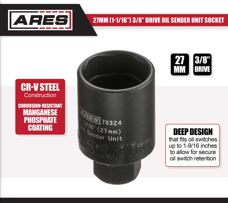  [AUSTRALIA] - ARES 70324-27mm 3/8-Inch Drive Oil Sender Unit 1 1/16-Inch Socket - Extra Deep Design Fits Oil Switches Up to 1 9/16 Inches - High Strength Chrome Vanadium Steel with Manganese Phosphate Coating