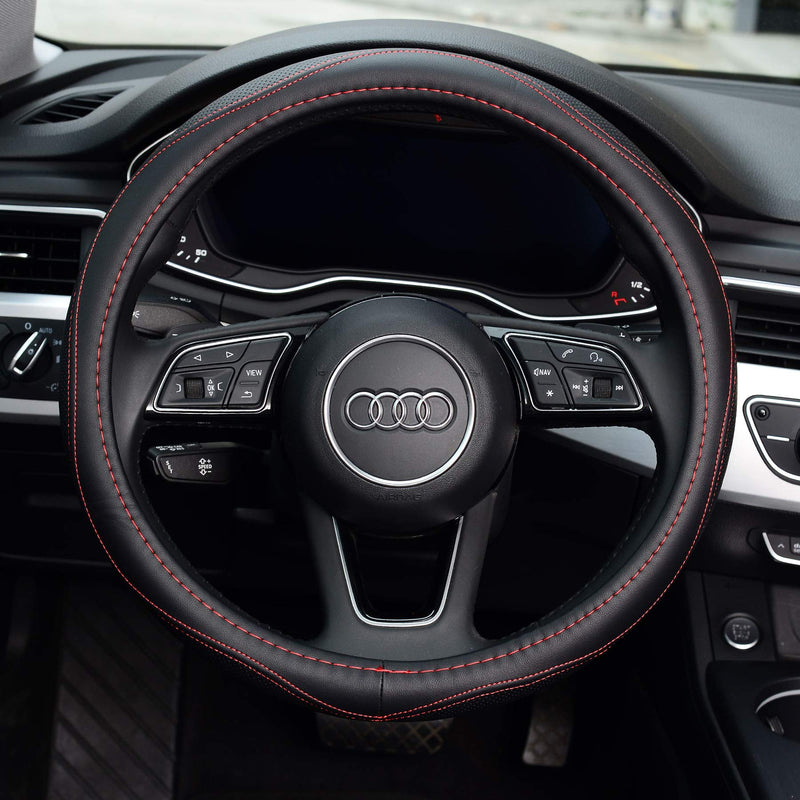  [AUSTRALIA] - KAFEEK Steering Wheel Cover, Universal 15 inch, Microfiber Leather, Anti-Slip, Odorless, Red Lines