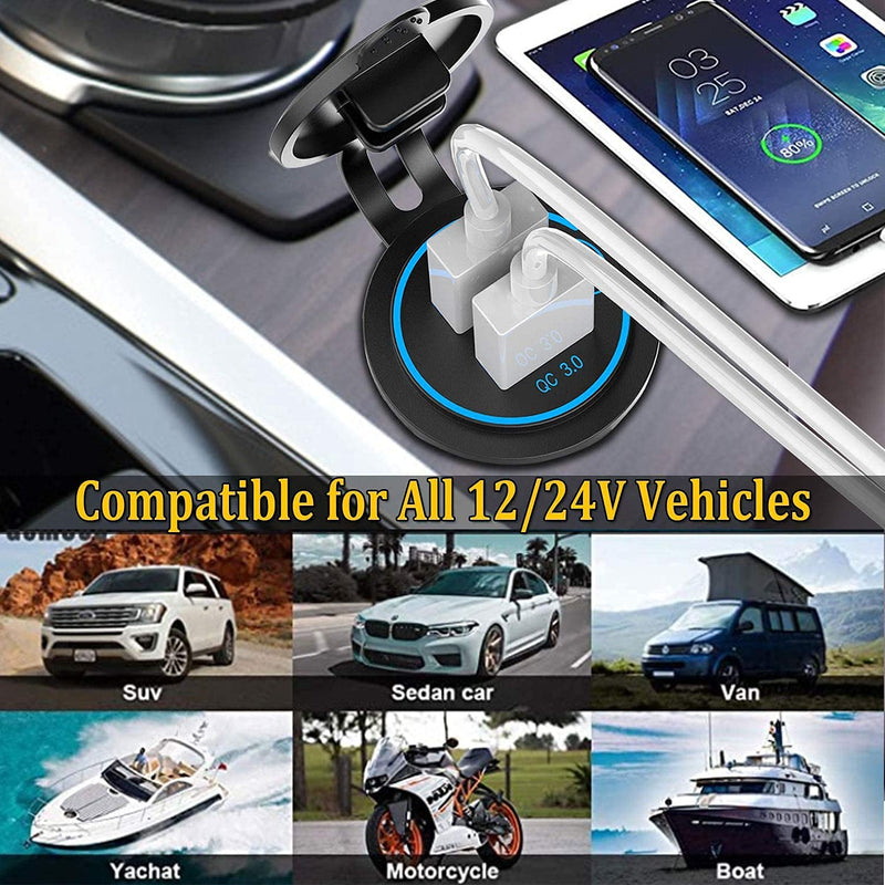  [AUSTRALIA] - [2 Pack] 12V USB Outlet, Quick Charge 3.0 Dual USB Power Outlet with Touch Switch, Waterproof 12V/24V Fast Charge USB Charger Socket DIY Kit for Car Boat Marine Bus Truck Golf Cart RV Motorcycle, etc.