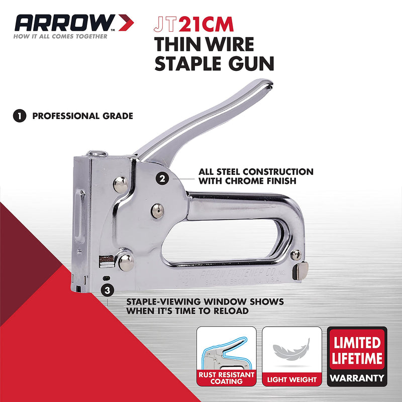  [AUSTRALIA] - Arrow JT21CM Professional Light Duty Staple Gun for Upholstery, Crafts, Office, Fits 1/4", 5/16”, or 3/8" Staples