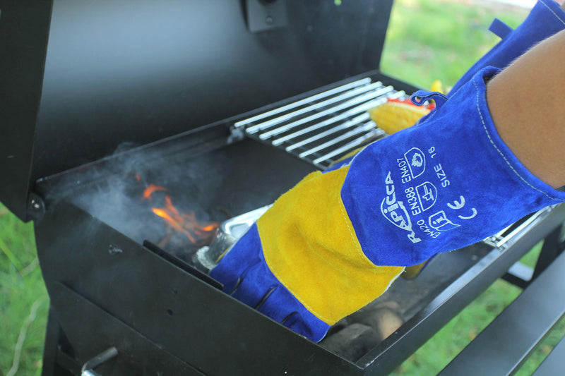  [AUSTRALIA] - RAPICCA Leather Forge/Mig/Stick Welding Gloves Heat/Fire Resistant, Mitts for Oven/Grill/Fireplace/Furnace/Stove/Pot Holder/Tig Welder/Mig/BBQ/Animal handling glove with Extra Long Sleeve Blue(length 16in)