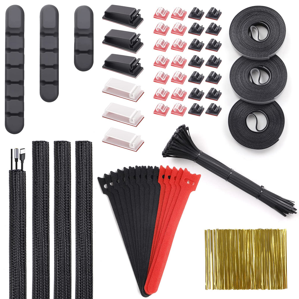  [AUSTRALIA] - 263 pcs Cord Management Organizer Kit Silicone Cable Holder Cable Tubing Sleeve Self Adhesive Cord Holders Organizer Straps for TV Office Home Electronics etc(Black) Black