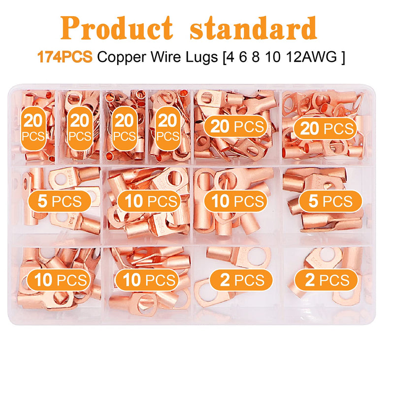  [AUSTRALIA] - 174pcs Copper Battery Cable Ends 14 Sizes Battery Wire Lugs Eyelets Tubular Ring Terminal Connectors SC Terminals for Automotive Supplies AWG2/4/6/8/10/12 Only lugs