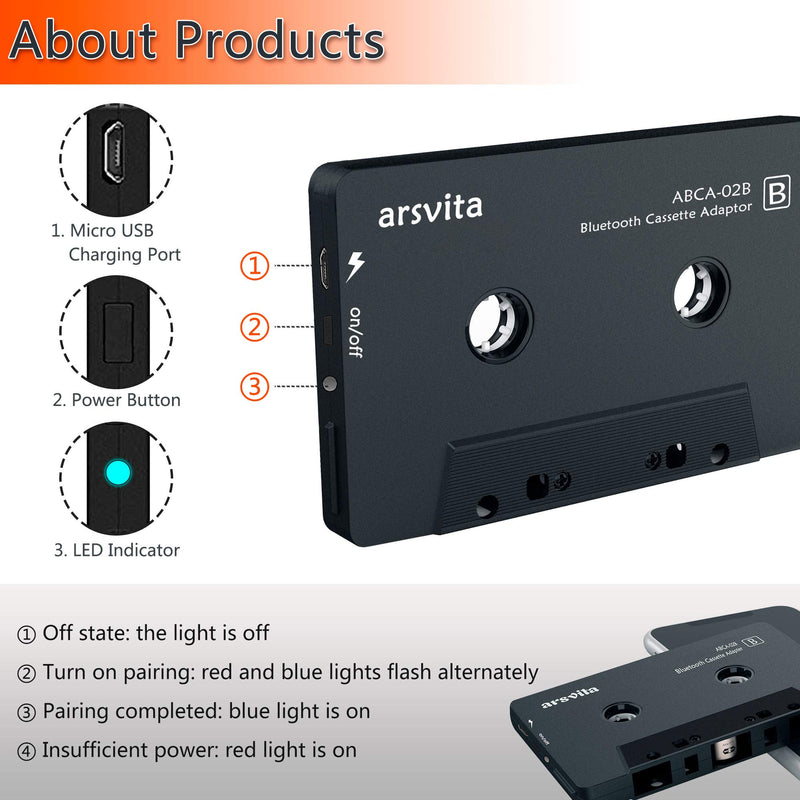 Arsvita Car Audio Bluetooth Cassette Adapter, Tape Player Bluetooth 5.0 Cassette Aux Adapter, White - LeoForward Australia
