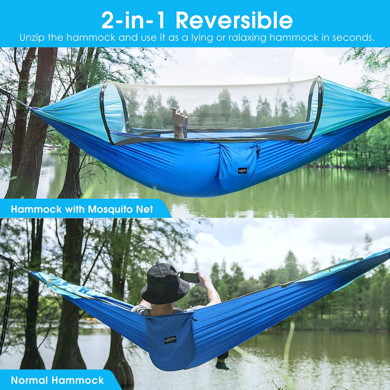  [AUSTRALIA] - G4Free Large Camping Hammock with Mosquito Net 2 Person Pop-up Parachute Lightweight Hanging Hammocks Tree Straps Swing Hammock Bed for Outdoor Backpacking Backyard Hiking Blue/Light Blue