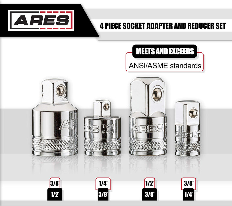  [AUSTRALIA] - ARES 70007 - 4-Piece Socket Adapter and Reducer Set - 1/4-Inch, 3/8-Inch, & 1/2-Inch Ratchet/Socket Set Extension/Conversion Kit - Premium Chrome Vanadium Steel with Mirror Finish