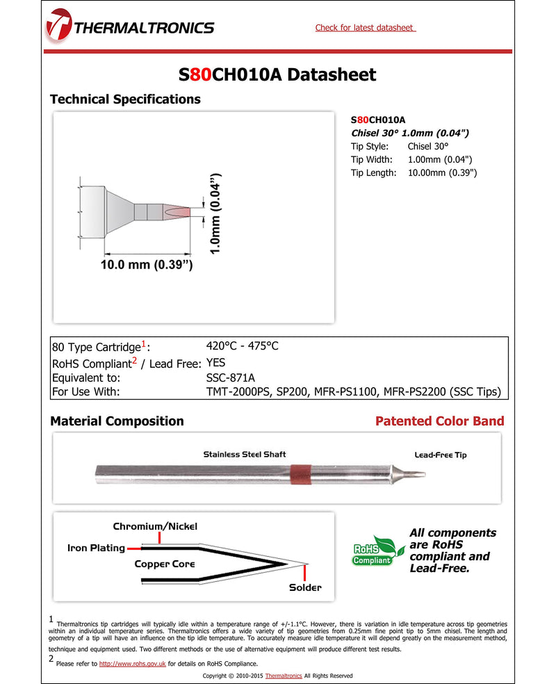  [AUSTRALIA] - Thermaltronics S80CH010A Chisel 30deg 1.0mm (0.04in) interchangeable for Metcal SSC-871A