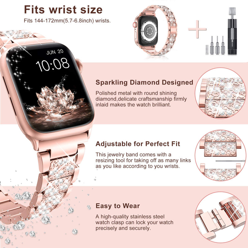  [AUSTRALIA] - LELONG for Apple Watch Band 41mm 38mm 40mm Series 7 Series 6 5 4 3 2 1 SE, Bling Replacement Bracelet iWatch Band, Diamond Rhinestone Stainless Steel Metal Wristband Strap A-ARose Gold 38mm/40mm/41mm