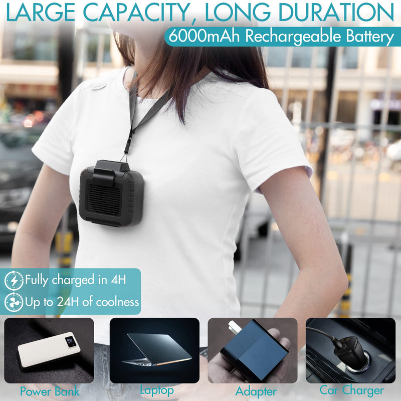  [AUSTRALIA] - Portable Waist Clip Fan, 6000mAh Rechargeable Battery Powered USB Input & Output Ports Included, Max.24H Working, 3 Speeds, Hand Free Waist Fan with Lanyard & Belt for Hiking Fishing Jobsite Black