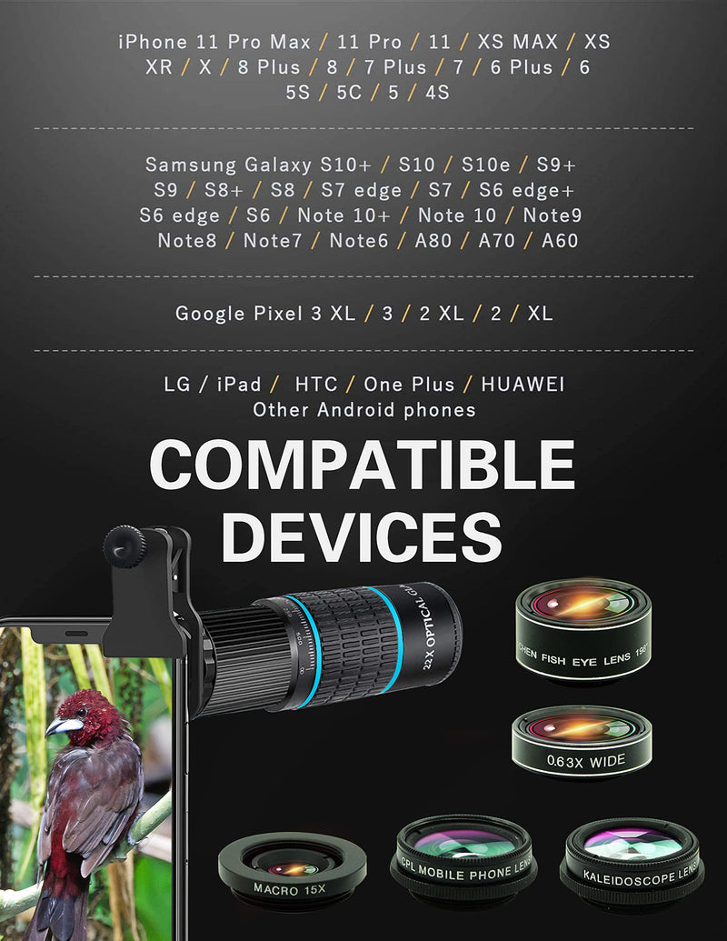  [AUSTRALIA] - Phone Camera Lens Kit 10 in 1 for iPhone Samsung Pixel Android, 22X Telephoto Lens, 0.63Wide Angle Lens&15X Macro Lens, 198° Fisheye Lens,Kaleidoscopes, CPL+Tripod，for Most Smartphone