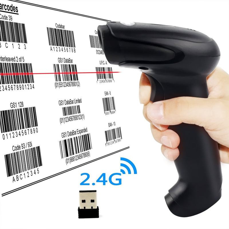  [AUSTRALIA] - Symcode Wireless Handheld Barcode Scanner Versatile 2-in-1 (2.4Ghz Wireless+USB 2.0 Wired) 328 Feet Transmission Distance Rechargeable 1D Laser Automatic Bar Code Reader Scanner(Black)