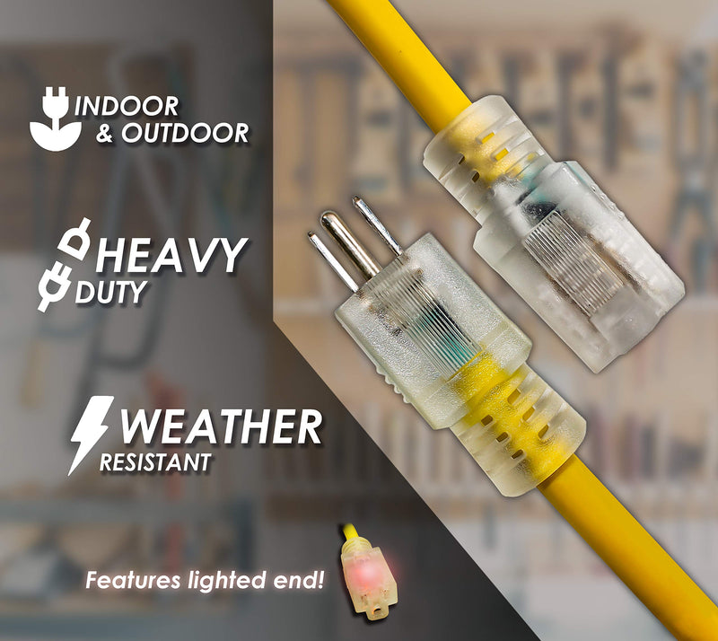  [AUSTRALIA] - 3 ft Extension Cord 10/3 SJTW with Lighted end - Yellow - Indoor / Outdoor Heavy Duty Extra Durability 15 AMP 125 Volts 1875 Watts by LifeSupplyUSA