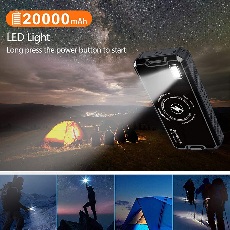 Wireless Solar Charger 20000mAh Power Bank, Portable Charger with 2 USB Outputs & LED Flashlight, Solar Charger External Battery Backup for Smart Phone,for iPhone/Android/Tablet (Black 20000mah) Black - LeoForward Australia