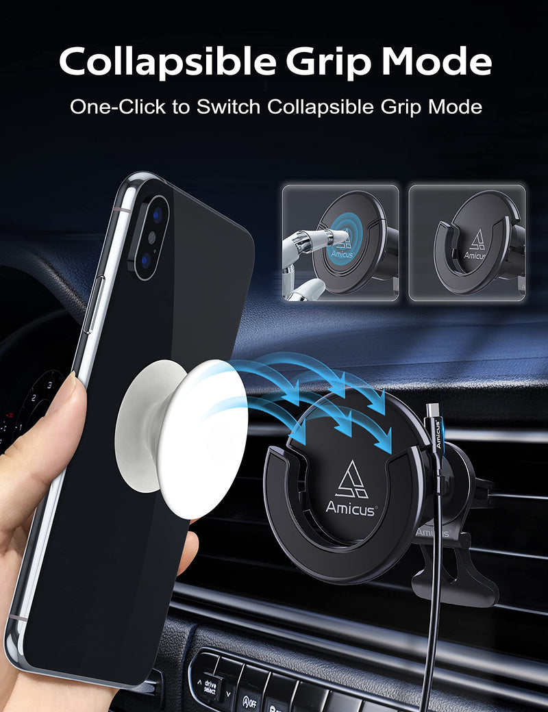  [AUSTRALIA] - Amicus Dual Magnetic Car Vent Phone Holder Mount for iPhone 13/12 Series,One Touch Switch to Collapsible Grip/Socket Mount Holder Compatible with Magsafe Case/Charger/Tablets/All Smartphones,Black Black-V