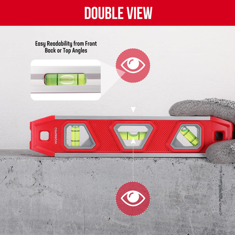  [AUSTRALIA] - WORKPRO spirit level magnetic 23 cm, mini spirit level torpedo spirit level with 3 levels 45°/90°/180°, impact-resistant block level, aluminum frame, strong magnet, can be read from above, for construction professionals