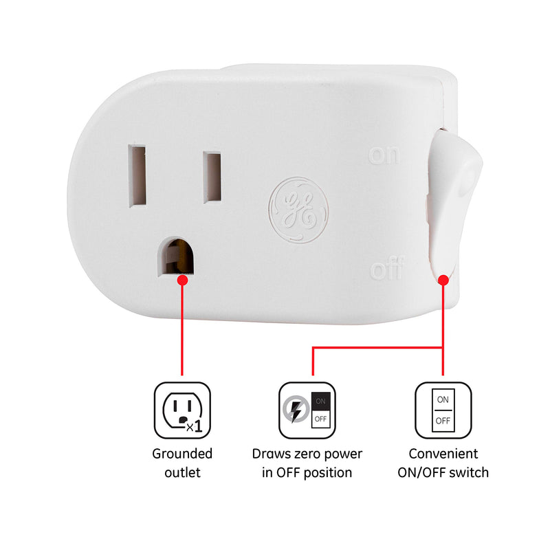GE Grounded Outlet Power Switch, On Off Outlet Switch, 3 Prong, Plug in Switch, Outlet Adapter, Easy to Install, For Indoor Lights and Small Appliances, Energy Saving, UL Listed, White, 25511 1 Pack - LeoForward Australia