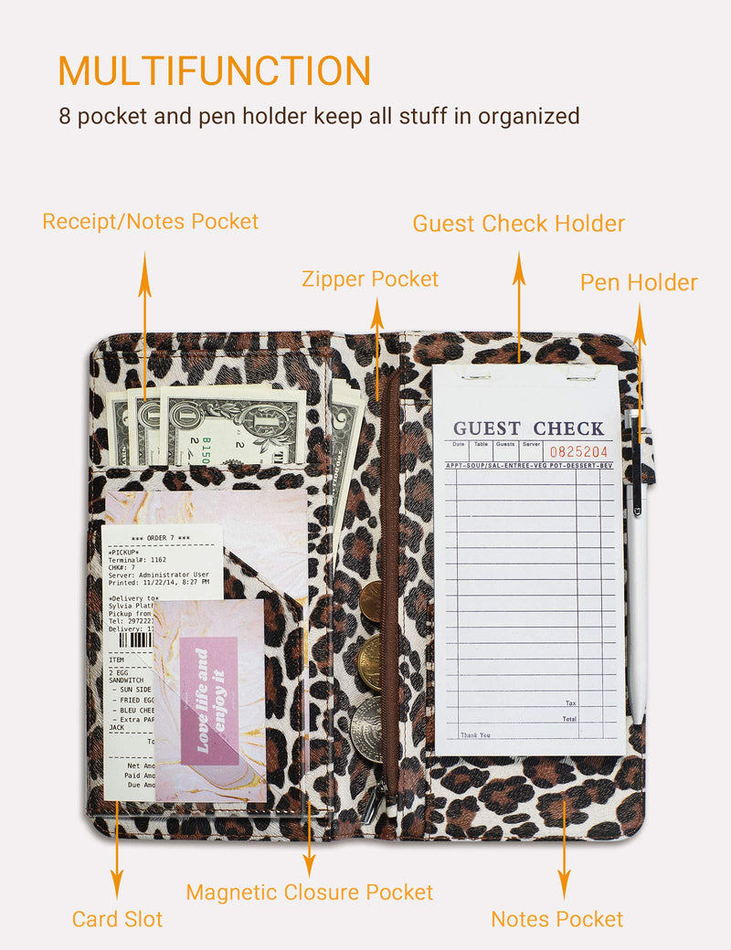  [AUSTRALIA] - Zreal Server Book for Waitress, 5 X 9 Leopard Serving Books with Zipper Pouch, Magnetic Closure Pocket with High Volume, Cute Waitress Book Organizer with Money Pocket Fit Server Apron (Light Leopard) Light Leopard