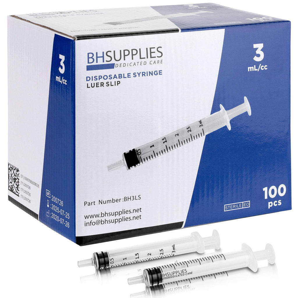  [AUSTRALIA] - 3ml Syringe Sterile with Luer Slip Tip - 100 Syringes by BH Supplies (No Needle) Individually Sealed