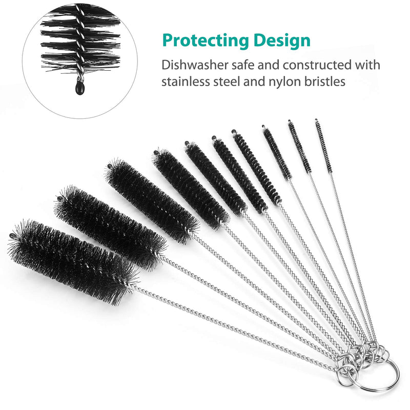 Bottle Cleaning Brushes, 8 Inch Nylon Tube Brush Set, Cleaner for Narrow Neck Bottles Cups with Hook, Set of 10pcs Black - LeoForward Australia