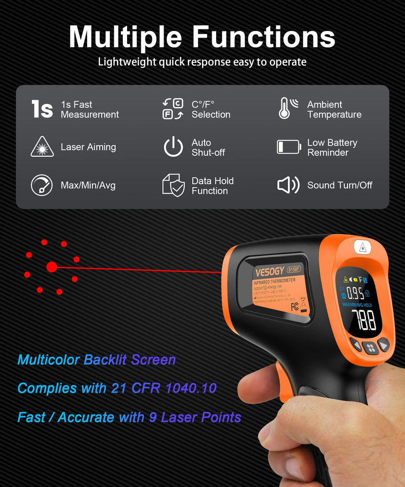  [AUSTRALIA] - Infrared Thermometer Temperature Gun -58°F ~932°F, Digital Laser Thermometer Gun for Cooking, Pizza Oven, Grill, IR Thermometer Temp Gun with Adjustable Emissivity & Max Min Avg Measure Orange
